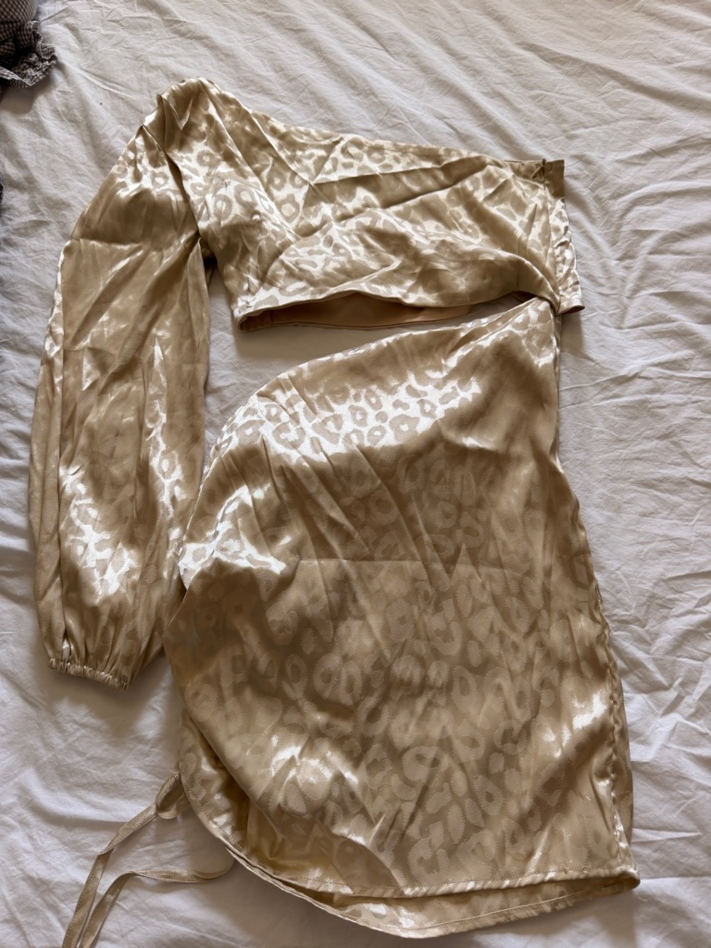 Satin One-Shoulder Cutout Mini Dress in Champagne